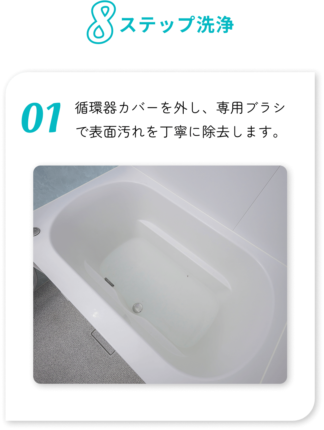 8ステップ洗浄 循環器カバーを外し、専用ブラシで表面汚れを丁寧に除去します。